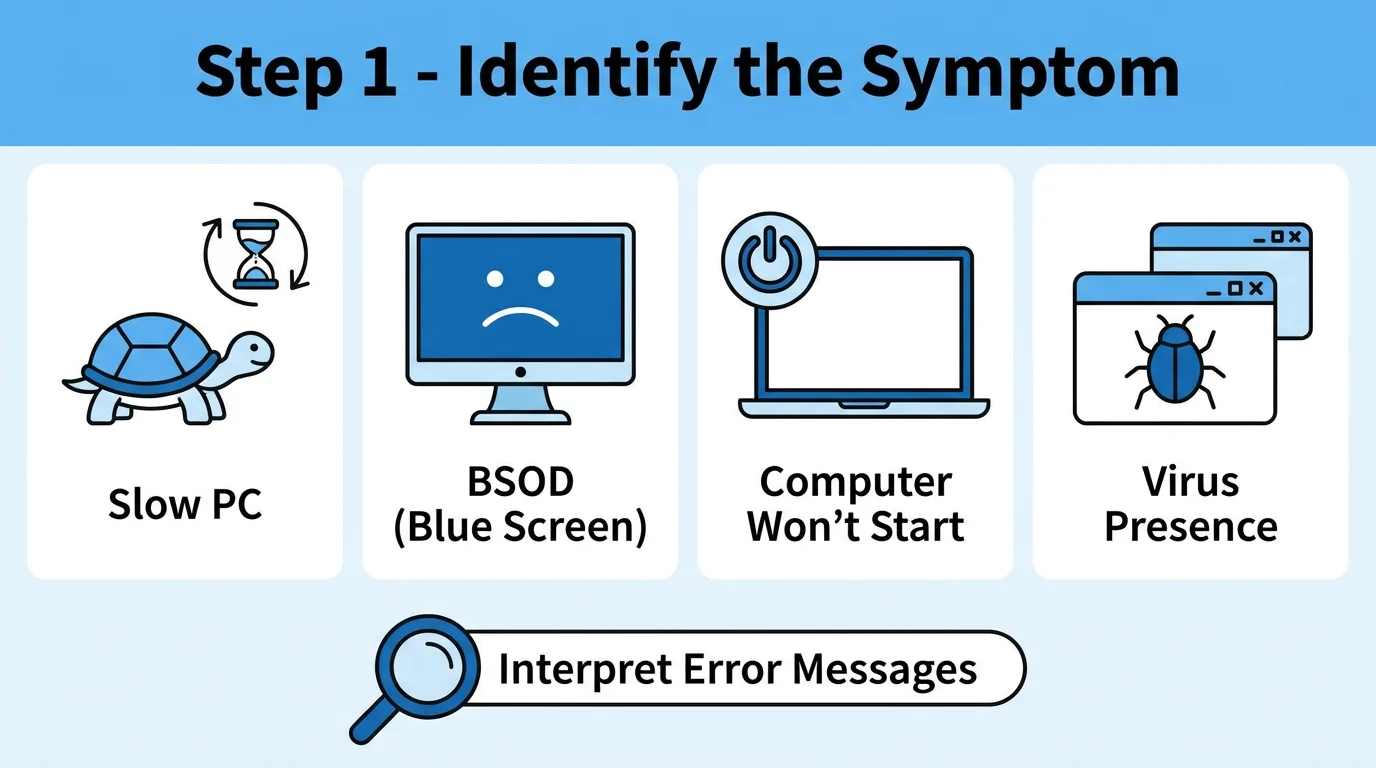 Dépannage informatique : identifier le symptôme, PC lent, écran bleu, ne démarre pas, virus