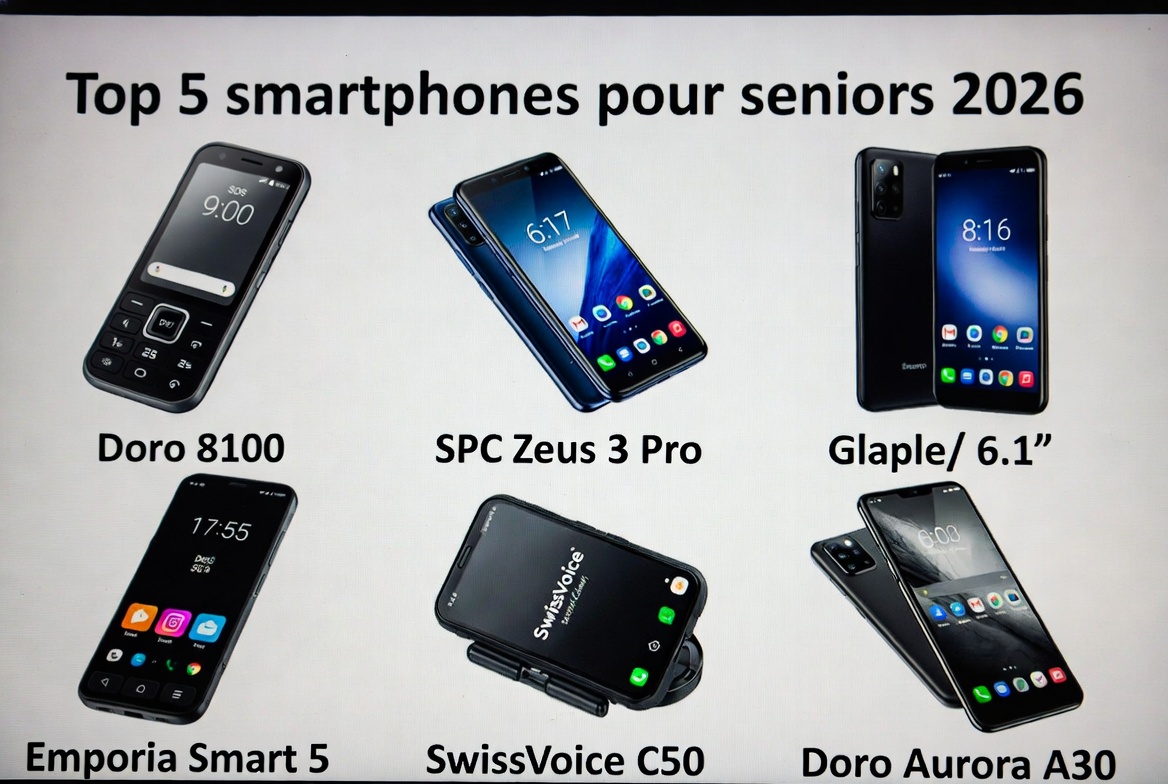 Top 5 meilleur smartphone pour senior : Doro 8100, SPC Zeus 3 Pro, Emporia Smart 5, SwissVoice C50, Doro Aurora A30